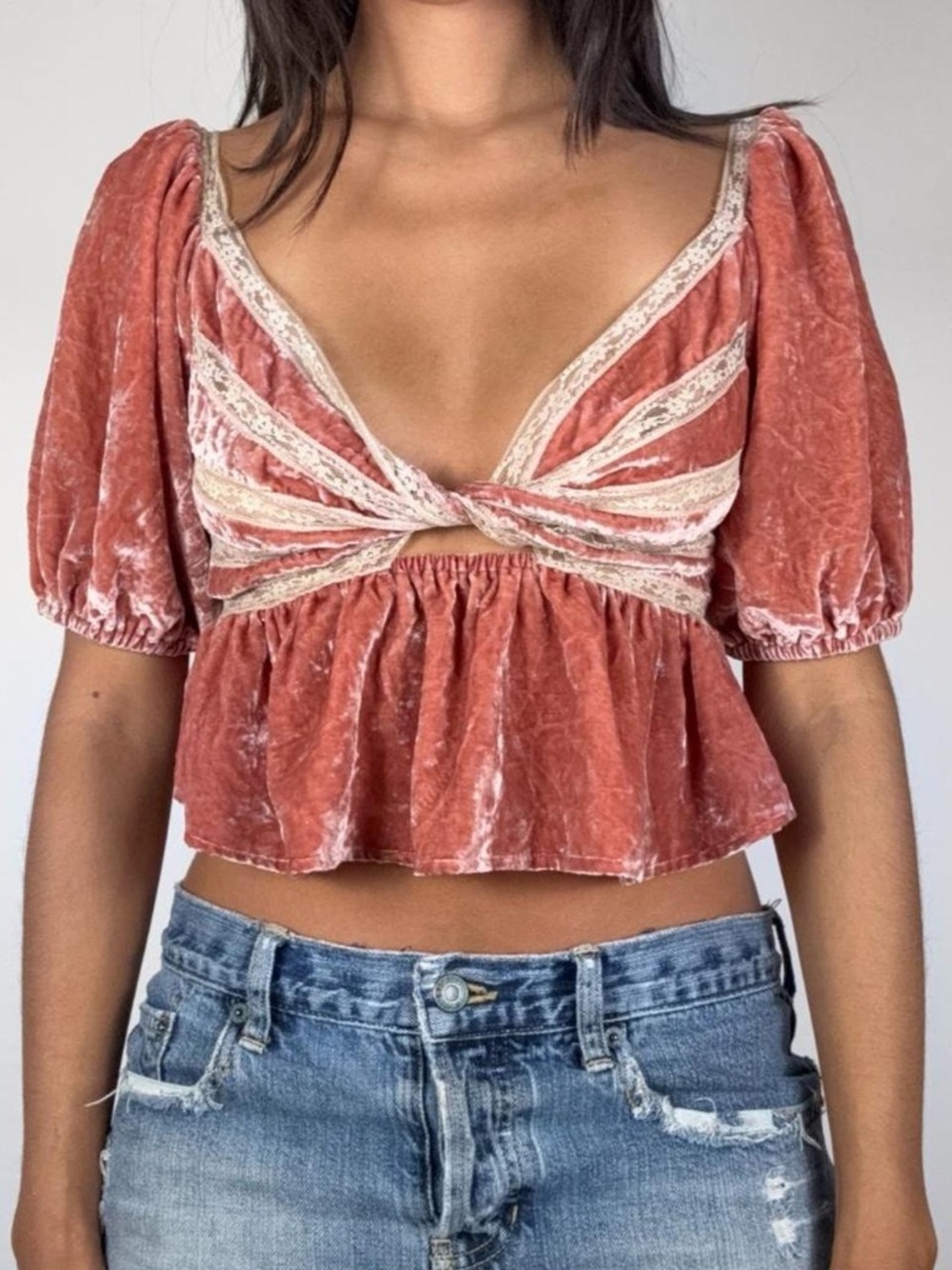 FREE PEOPKE PEACH CRUCHED VELVET BOHO TOP